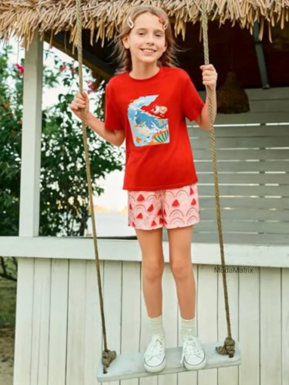 Girls 2 Piece Short Sleeve Top and Shorts Set Hawaiian Vacation Outfit